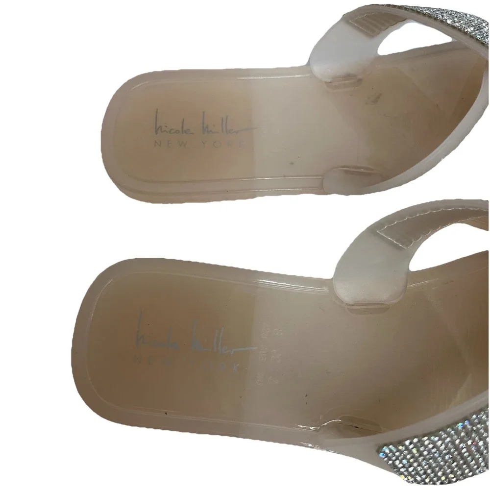 Nicole Miller Women's Silver Rhinestone Slide Sandals 8 Y2K Bling Boho Party